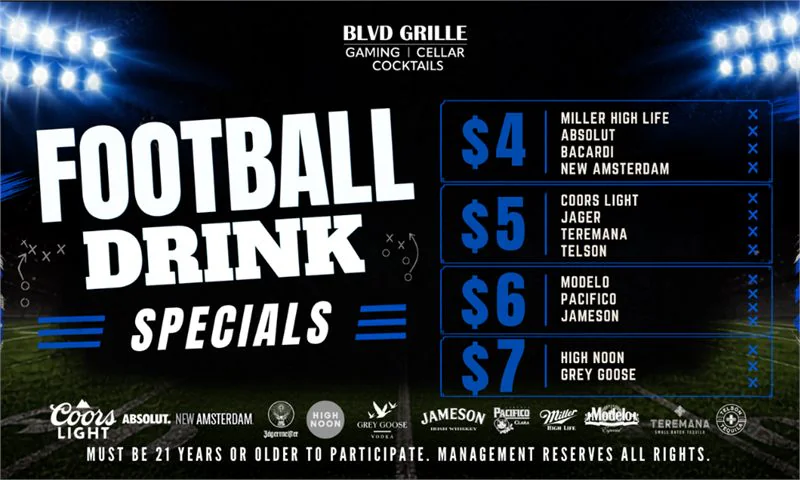 Football Drink Specials flyer with stadium graphic and price tiers