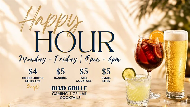 Happy Hour flyer with Monday–Friday pricing and cocktail/beer glasses