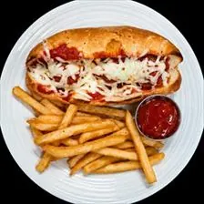 Meatball Sub with marinara and mozzarella on a hoagie roll, served with fries, at BLVD Grille